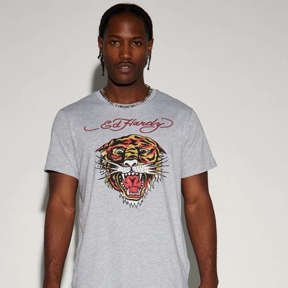 NEW🐯Ed Hardy RetroRHINESTONE TIGER TEE By Christian Audigier grey Unisex - Picture 3 of 7